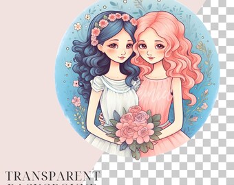 Two brides clipart, LGBTQ wedding image, cute watercolor bride picture PNG Lesbian marriage best girlfriends