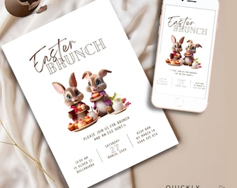 Inbjudan till påskbrunch, inbjudan till påskäggjakt, årlig påskinbjudan, clipart med påskte, påskgodis, digital familjeinbjudan