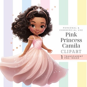 Clipart principessa png, immagine rosa della fata di compleanno afroamericana, grazioso vestito da ballo per bambini in 3D con glitter magici
