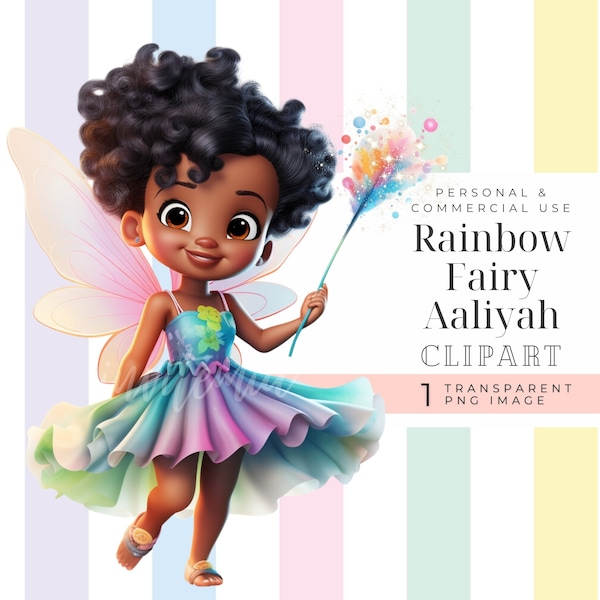 Fairy clipart, Rainbow fairy girl image, birthday fairy, African American fairy PNG 3D cartoon magical glittery garden fairy princess