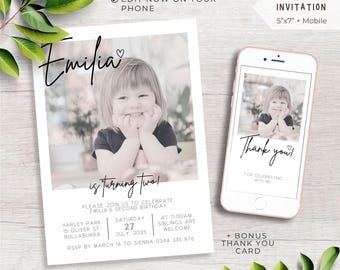 May include: Editable invitation template for a child's second birthday party. The invitation features a photo of a young girl with the text "Emilia is turning two!" and details about the party, including the date, time, and location. A bonus thank you card is also included.