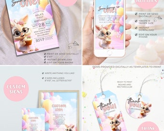 First Birthday party bundle, 1st birthday girl decorations package editable invitation templates Some bunny is one year download printable