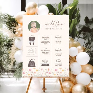 Affiche du premier anniversaire, panneau modifiable pour le premier anniversaire de fleurs sauvages, planche d'étapes pour bébé imprimable Wild One 1er anniversaire pour bébé