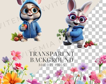 Bunny with glasses Cute Easter clipart PNG bundle spring Flowers egg hunt images animals wearing blue jackets autumn harvest basket clipart