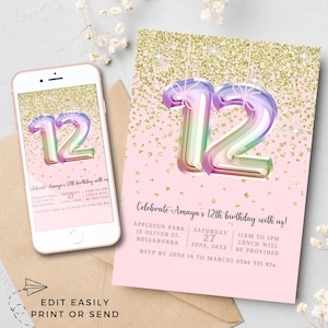 Plantilla de invitación para el 12.° cumpleaños de niñas, invitación para fiesta con purpurina, globos de aluminio de arcoíris, bonitos números de descarga instantánea para el duodécimo cumpleaños en rosa y dorado