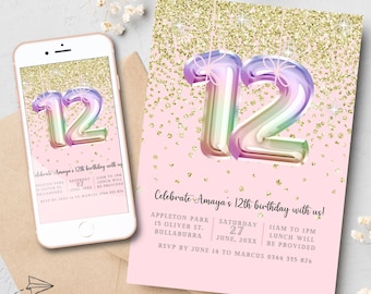 Girls 12th Birthday Invitation Template Glitter Party Invite Rainbow Foil Balloons Pretty Pink Gold twelfth Birthday Instant Download Digit