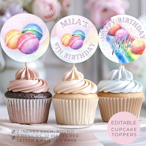 May include: Printable cupcake toppers featuring a rainbow, macarons, and the text "Happy Birthday Mila" and "Mila's 9th Birthday". The toppers are 2 inches in diameter and come in 3 designs.