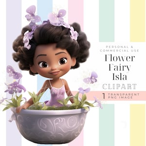 Imágenes prediseñadas de hadas, hada de jardín en planta de maceta, imagen de hada de cumpleañera, hada afroamericana PNG dibujos animados en 3D princesa de flores mágica brillante