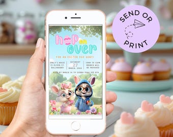 Easter egg hunt invitation, Easter party invite, girls boys easter tea party clipart cute bunny rabbit, digital mobile family Easter invite