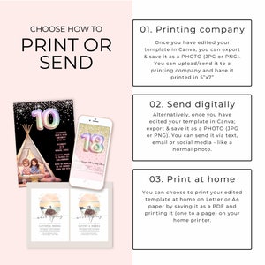 May include: A guide on how to print or send digital invitations. The image shows three different options: printing at a printing company, sending digitally, or printing at home. The image also shows examples of invitations with a camping theme.