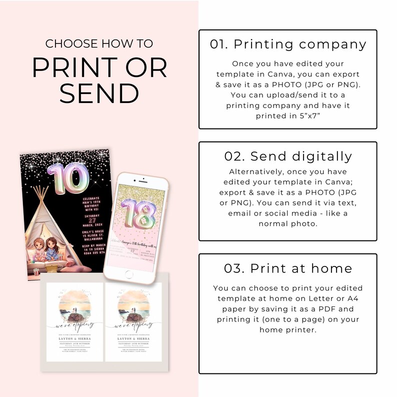May include: A guide on how to print or send digital invitations. The image shows three different options: printing at a printing company, sending digitally, or printing at home. The image also shows examples of invitations with a camping theme.