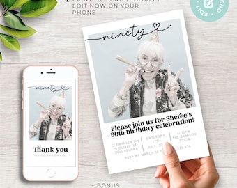 90th Birthday Invitation Editable Template with photo. Mobile and printable Canva Ninety modern minimal ninetieth 90 party digital download