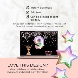 May include: A digital printable design for a 9th birthday party. The design features a holographic number nine, stars, and the text "Celebrate Emily's 9th Birthday".