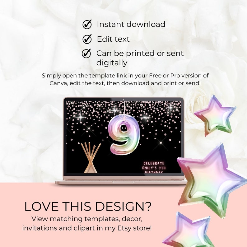 May include: A digital printable design for a 9th birthday party. The design features a holographic number nine, stars, and the text "Celebrate Emily's 9th Birthday".