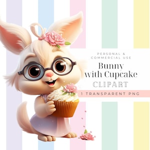 Niedlicher Hase mit Brille Ostern Mädchen Geburtstag Clipart, Hase mit Cupcake, Blumen Clipart, Frühling, Luftballons, Kaninchen, PNG, niedlich rosa, Kinderzimmer