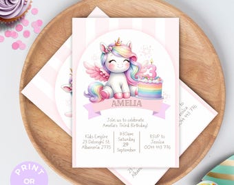 Unicorn 3rd Birthday Invitation, Editable Rainbow Pink Pastel Watercolor third party Invite for Girl Printable Download Canva