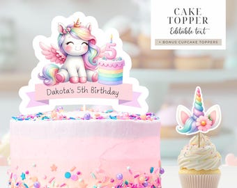 Unicorn Cake Topper 5th birthday Editable Custom name Printable Rainbow Unicorn Cupcake toppers 5 five Birthday Girl pastel watercolor