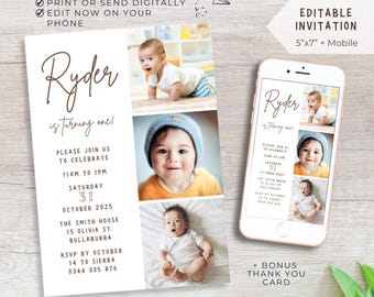 May include: A birthday invitation with the name "Ryder" in elegant script, featuring three photos of a baby. The invitation includes event details and a mobile phone mockup. The text reads "Print or send digitally" and "Edit now on your phone."