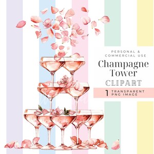 Puede incluir: Una ilustración de acuarela de una torre de champán con seis copas llenas de champán rosado. Las copas están dispuestas en forma de pirámide, siendo la copa superior la más grande. Pétalos de flores rosas caen desde la parte superior de la torre. El texto "Champagne Tower Clipart" está escrito en negro debajo de la torre.