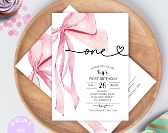 Girls first birthday Pink Bow invitation, watercolor pretty coquette ribbon, 1st Invite Printable, minimal cute template