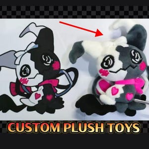 May include: A plush toy featuring a black and white character with a jagged mouth, spiral eyes, pink cheek patches, and a pink heart on its chest. A red arrow points to the plush, which is displayed next to a matching 2D illustration. Text reads CUSTOM PLUSH TOYS.