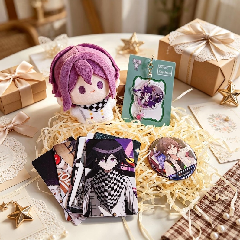 May include: A plush doll with purple hair and a checkered scarf, an acrylic keychain on a green backing card, a circular pin-back button, and several rectangular character cards featuring a person with black hair and a checkered scarf.