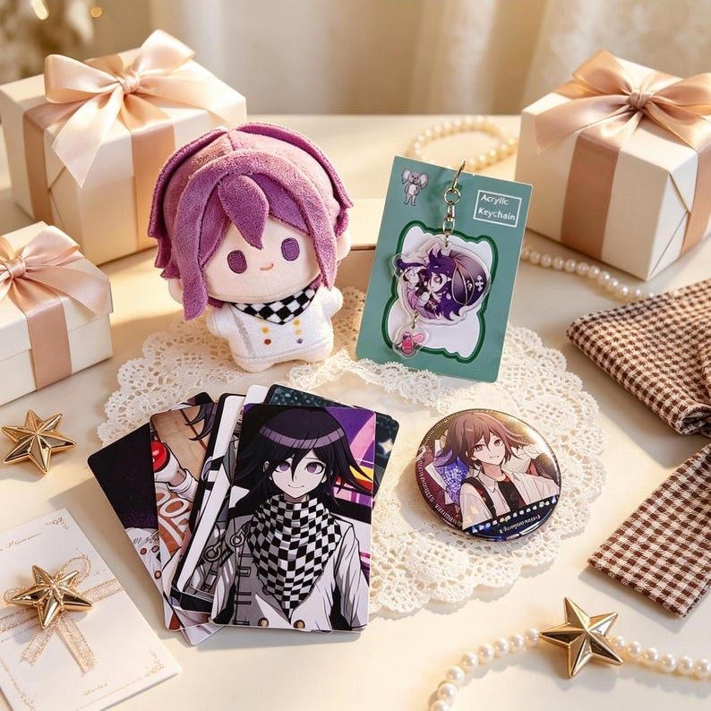 May include: A plush doll with purple hair and a checkered scarf, an acrylic keychain on a green card labeled Acrylic Keychain, a circular pin featuring an anime character, and several rectangular cards with character illustrations.