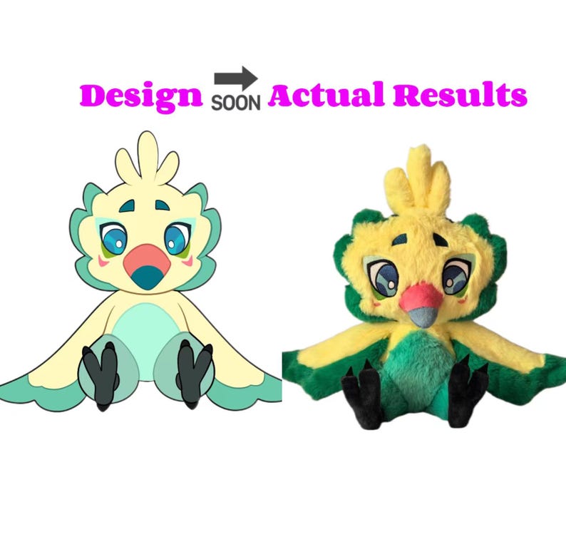 Puede incluir: Imagen comparativa que muestra un dise&ntilde;o de p&aacute;jaro de dibujos animados junto a una versi&oacute;n de peluche. El peluche es amarillo, verde y azul con pies negros. El texto dice "Design soon Actual Results".