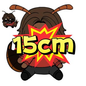 Puede incluir: Ilustraci&oacute;n de dibujos animados de un personaje marr&oacute;n con forma de insecto con antenas grandes, que lleva una camisa roja y pantalones negros. La imagen incluye el texto "15cm" en fuente amarilla, sobre un fondo rojo en forma de estrella. Una versi&oacute;n m&aacute;s peque&ntilde;a del personaje est&aacute; en la esquina superior izquierda.