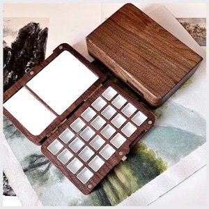 Walnut Wood Watercolor Palette 24 Wells 2 ml Each Magnetic Closure Gift for Her Travelling Portable Palette