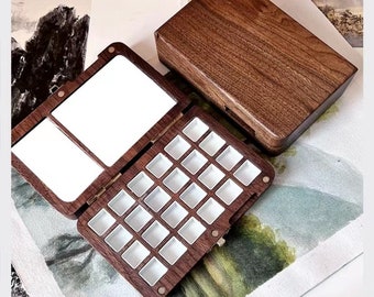 Walnut Wood Watercolor Palette 24 Wells 2 ml Each Magnetic Closure Gift for Her Travelling Portable Palette