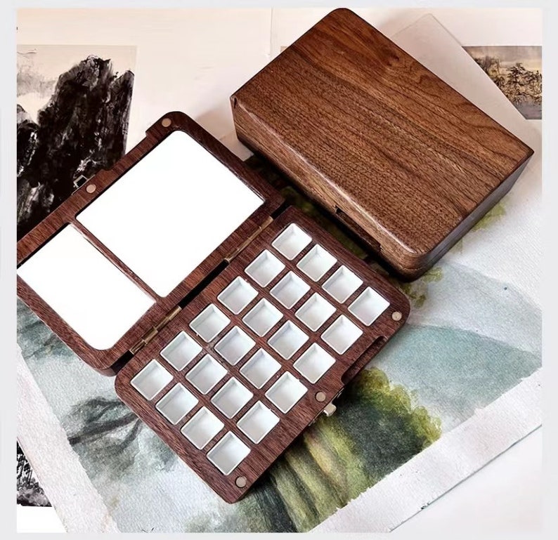 Walnut Wood Watercolor Palette 24 Wells 2 ml Each Magnetic Closure Gift for Her Travelling Portable Palette image 1