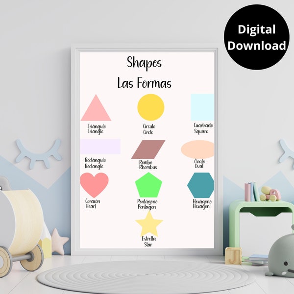 Learning Spanish Shapes Printables, Bilingual Wall Poster, Shapes Spanish Art, Bilingual Spanish Prints, Shapes Wall Hanging for Toddlers