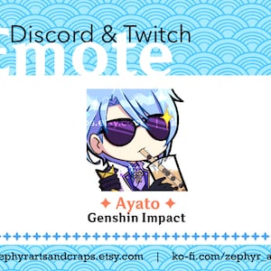 Puede incluir: Una ilustración digital de Ayato de Genshin Impact. Tiene el pelo azul, lleva gafas de sol y está bebiendo un té de boba. El texto "Discord & Twitch Emote" está en la parte superior de la imagen. El texto "Ayato" está en el centro de la imagen con un diamante a cada lado. El texto "Genshin Impact" está debajo del texto "Ayato". El texto "[zephyrartandcraps.etsy.com | ko-fi.com/zephyr_art]" está en la parte inferior de la imagen.