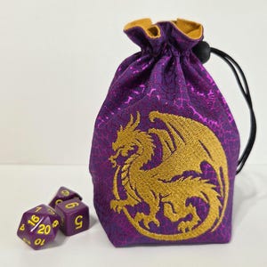 Purple & Gold Embroidered Dragon Drawstring Dice Bag; Dragon Crest Coin Pouch