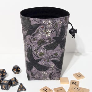 Purple Floral Crow Drawstring Dice Bag; Mystic Crow Game Piece Pouch; Scrabble Tile Bag; Dice Bag for DnD/TTRPG; Trinket Pouch