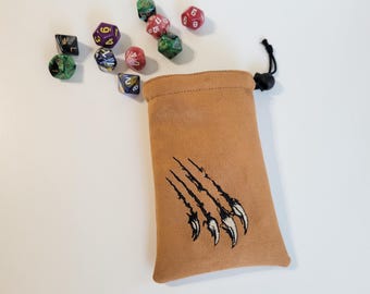 Embroidered Dragon Claw Dice Bag: Faux Suede TTRP Pouch