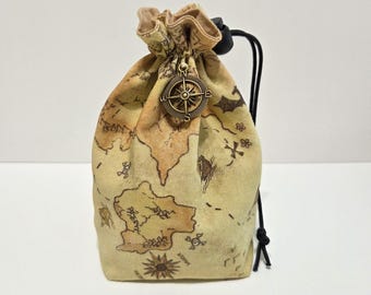 Adventure Map Drawstring Dice Bag; 100% Cotton Dice pouch for TTRPG; Game Piece Storage for, Minis, Marbles, Tiles etc.