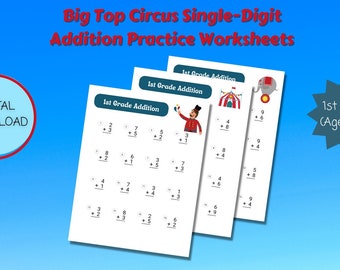 Mathe Drucke für Kinder in der 1. Klasse (Alter 6-7 Jahre), Big Top Zirkus Einstellige Ergänzung Übungsblätter (20 Blatt)