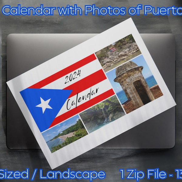 Calendrier mensuel de Porto Rico 2024 | Taille des lettres | Téléchargement numérique PDF imprimable | Début du dimanche | Calendrier paysager