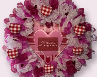 18” Valentines, plaid heart, deco mesh wreath!