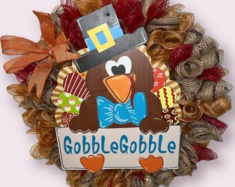 18” Gobble Gobble, Thanksgiving Turkey, Deco Mesh Wreath!