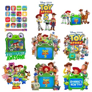 May include: A collection of Disney Pixar Toy Story 5 graphic designs featuring characters like Woody, Jessie, Buzz Lightyear, and Rex. The images include a green frog-shaped frame, the text Toy Story 5, Technically Awesome, and Bonnie's New Toy.