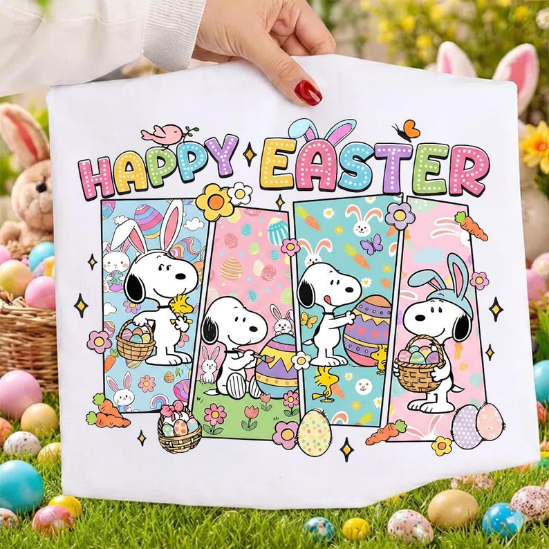 May include: White fabric featuring Snoopy characters celebrating Easter. The design includes the words "HAPPY EASTER" in colorful letters, along with Snoopy holding Easter eggs and baskets. The background has pastel colors and Easter-themed patterns.