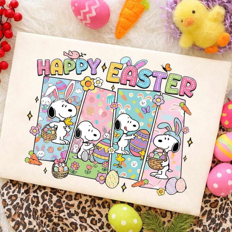 May include: A cream-colored Easter-themed graphic featuring Snoopy characters with bunny ears, holding Easter eggs and baskets. The words "Happy Easter" are in colorful letters above the characters. Decorative eggs, a carrot, and a chick are scattered around the image.