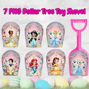 May include: A pink plastic toy shovel and seven Easter-themed gift bags featuring Disney princesses. The bags have the text "Happy Easter" and princess illustrations. The text "7 PNG Dollar Tree Toy Shovel" is at the top.