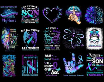 May include: A collection of graphic designs with teal and purple themes, promoting suicide prevention awareness. The designs include text and illustrations such as ribbons, butterflies, and the phrase "I wear teal and purple". The text "Suicide Bundle" is at the top.