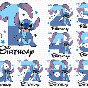 May include: A collection of blue and purple birthday graphics featuring the character Stitch from Lilo & Stitch. Each graphic displays a number from one to nine, the word "Birthday", and star and balloon accents.