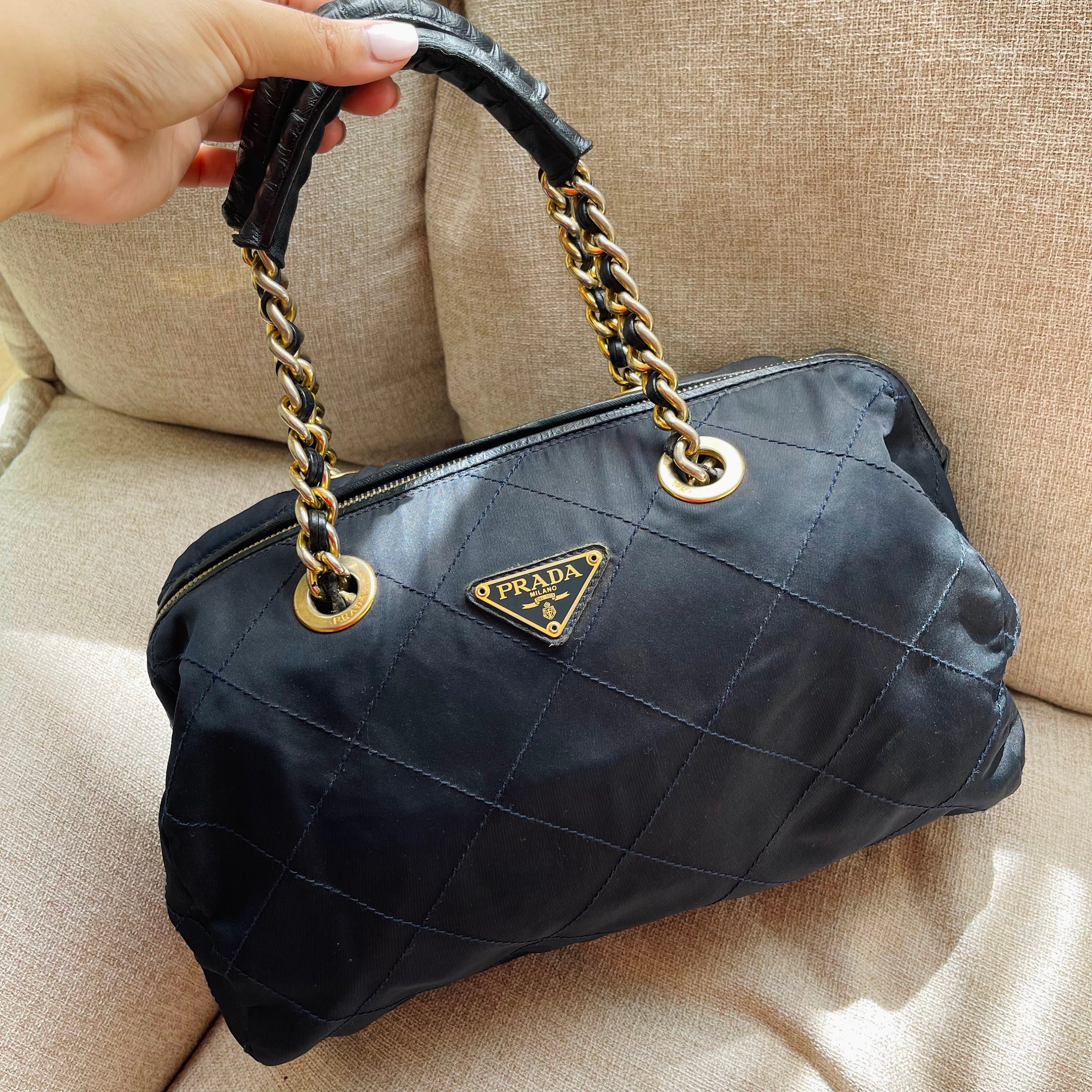  Prada Midnight Black Quilted Tessuto Chain Designer