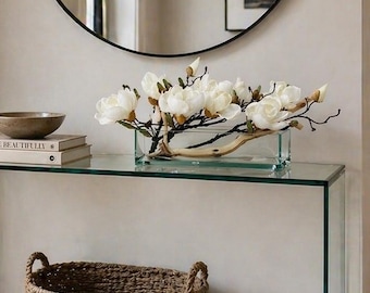 Magnolia with wood in rectangular glass vase / Silk floral arrangement \ magnolia arrangements \ centerpieces